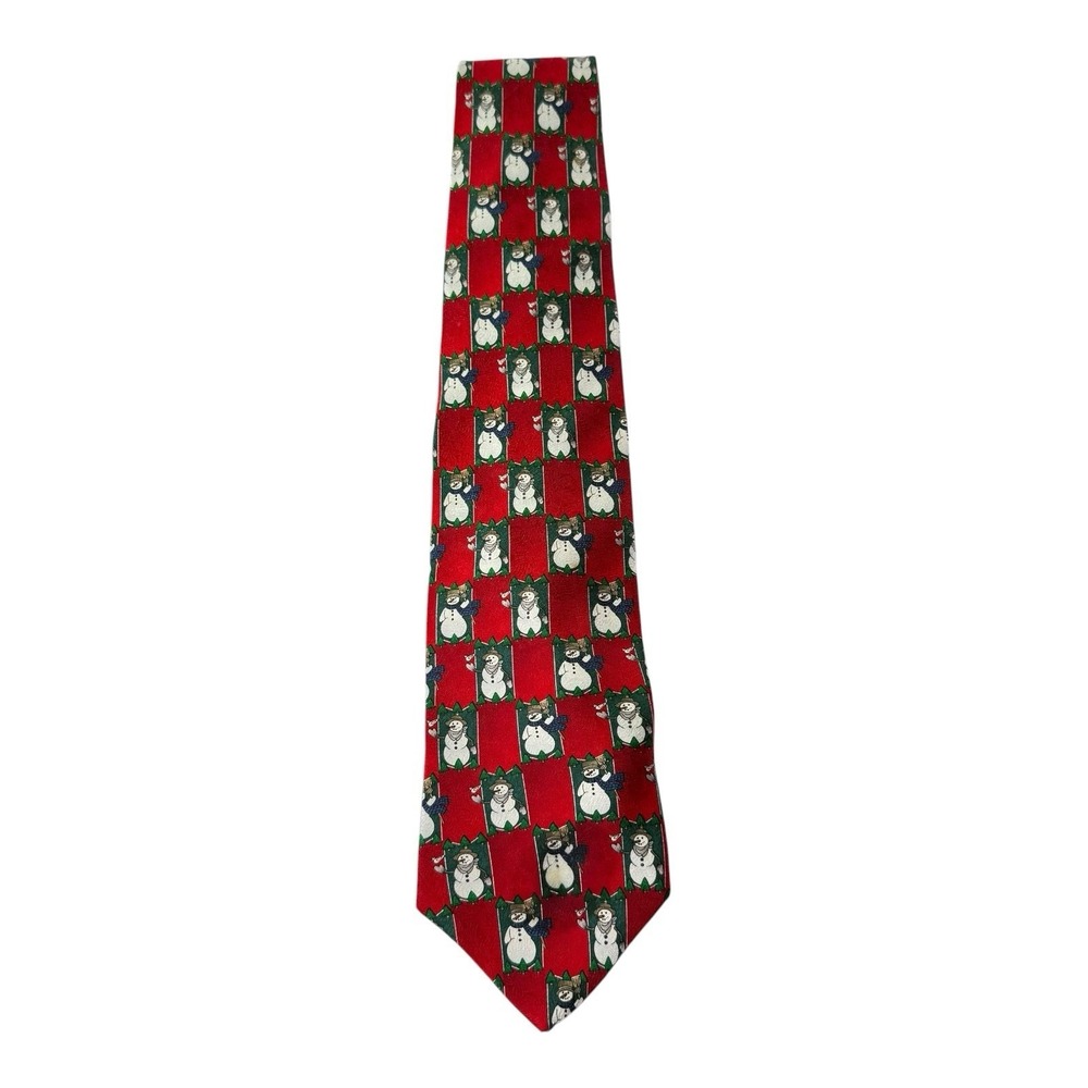 Hallmark Holidays Snowman Christmas Tie Red 100% Silk Novelty Holiday Necktie